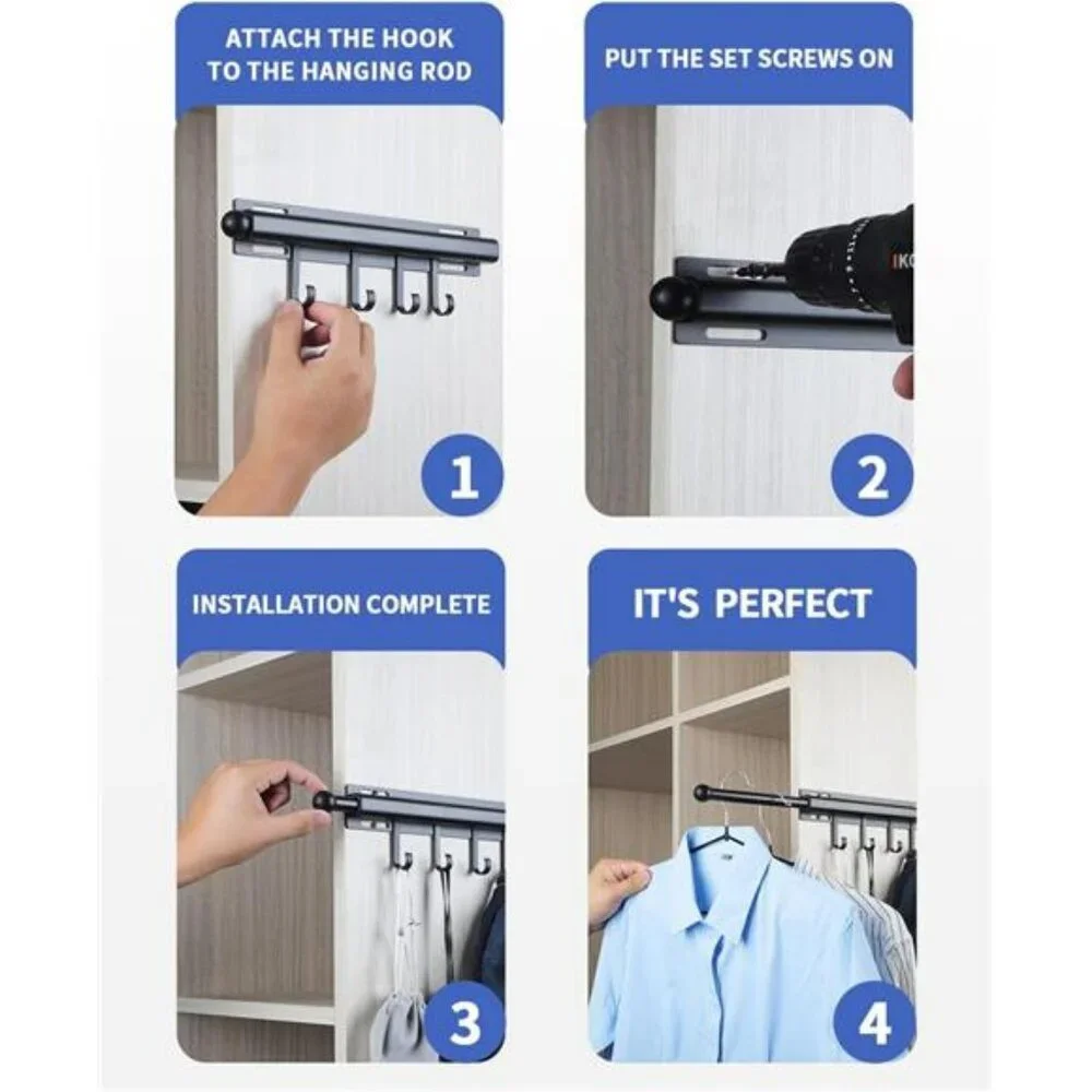 Black Closet Valet Rod 12 Inch Pull Out Clothes Hanger Rail with 4 Hooks Storage